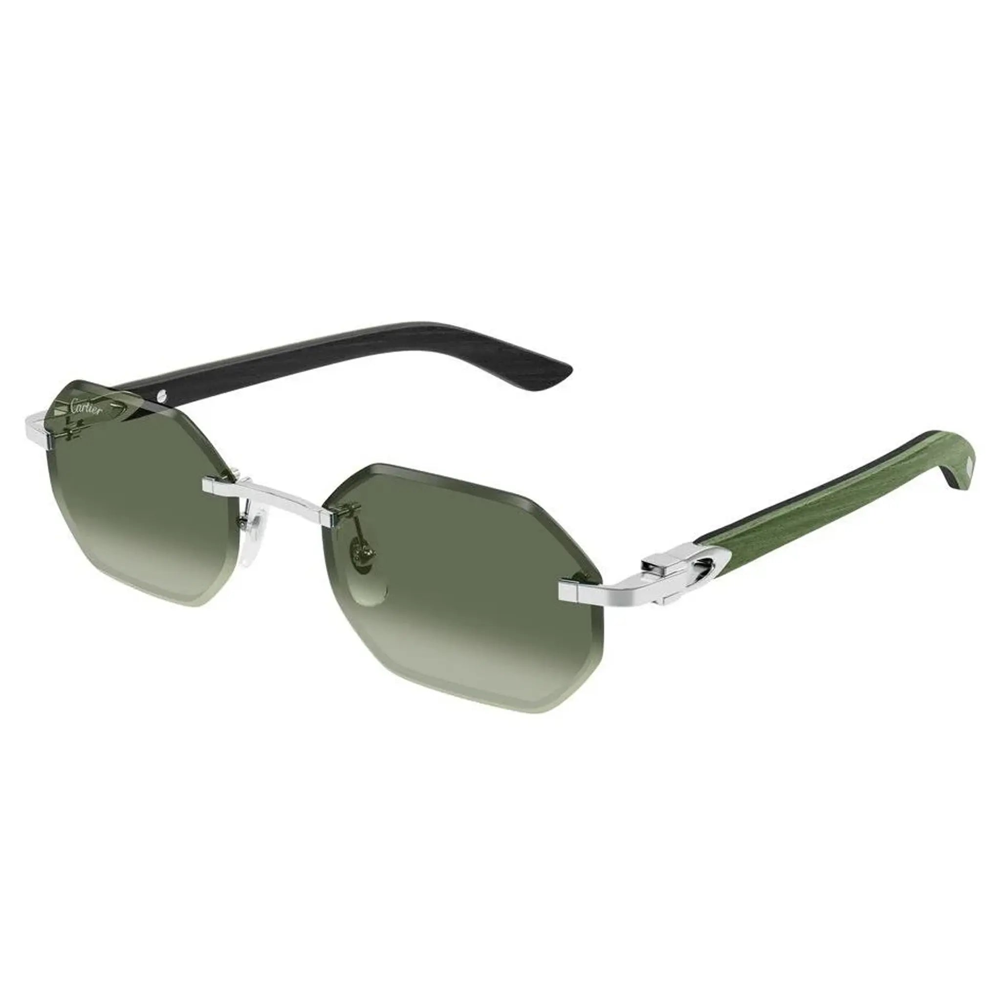 Front Side View of Cartier Eyewear CT0439S-008 Green Silver Rimless Sunglasses